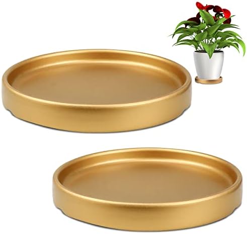 7 Inches Round Ceramic Plant Saucer Drip Tray Set of 2 for Indoor Small Flower Pots Home Garden Outdoor Flower Plant Pot,Gold Saucers by LNQ+LUNIQI