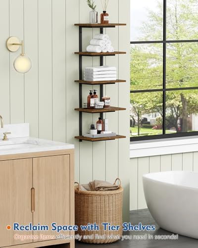 Harwaya 5 Tier Wall Bookshelf Unit for Bedroom Books, Large Floating Book Shelves Wall Mounted, Rustic Wood Lack Tiered Hanging Shelf for Kitchen Office Living Room Corner (Dark Brown) - Image 3