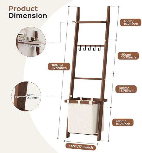 63" Bamboo Blanket Ladder with Shelf, Fabric Storage Basket and 5 Hooks - Image 2
