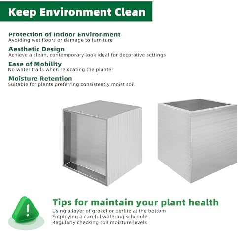 Longrun Stainless Steel Square Flower Pot - 9.8 & 11.8 inch Modern Garden Planter for Indoor & Outdoor Decor Two Packs - Image 3