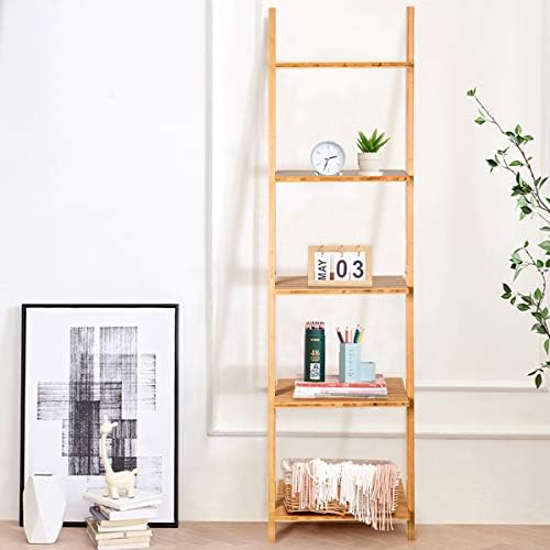 Tangkula Bamboo 5-Tier Ladder Shelf Bookshelf, Wall-Leaning Bookshelf, Plant Flower Stand, Storage Display Shelves for Living Room Bathroom Office, Multifunctional Ladder Bookcase (Natural) - Image 4