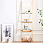 Tangkula Bamboo 5-Tier Ladder Shelf Bookshelf, Wall-Leaning Bookshelf, Plant Flower Stand, Storage Display Shelves for Living Room Bathroom Office, Multifunctional Ladder Bookcase (Natural) - Image 4