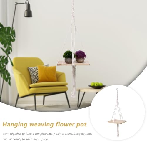 Housoutil Hand-Woven Hanging Flower Pot Holder Macrame Shelf Cotton Rope with Wooden Ring Decorative Woven Planter for Indoor Outdoor Balcony Gardening - Image 7