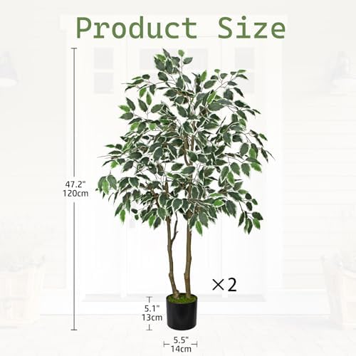 2 Pack Artificial Ficus Tree 4ft Silk Fake Ficus Leaves Plant 120cm Potted Faux Ficus Tree with Decorative Moss Dual Trunks Indoor Outdoor Big Fake Plants with Pot for Home Garden Office Livingroom - Image 2
