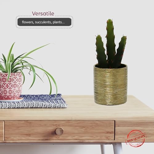 WGVI Gold Etched Ceramic Cylinder Vase Width 5.5" Height 5", Flower Arrangements, Candle Holder, Terrarium Planter Pot, Storage Container Organizer, Pen Brush Holder, Scratched Texture Design, 12 Pc - Image 4