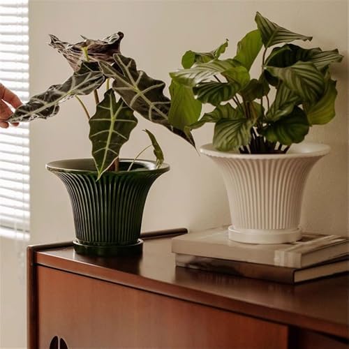Planter Round Stripe Texture Plant Pot, with Drainage Hole and Saucers Trays Ceramics Flower Pot, for Room Balcony Office Plants Container (3 Colors) Flower Pots(Green) - Image 4