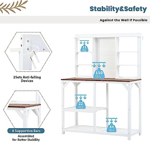 Outdoor Garden Potting Bench Table with 6-Tier Storage Shelves and Side Hook, 64.6" Large Wooden Patio Work Station, Potting Benches for Outside, Mudroom Backyard Work Bench Table (White) - Image 6