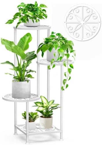 4 Tier Plant Stand Indoor Outdoor, Tall Metal Corner Flower Shelf Holder for Multiple Plants, Space-Saving Rustproof Plant Display Rack for Patio Balcony Garden Living Room Porch, White by SMFANLIN