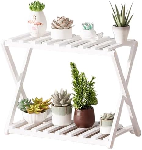 Plant Stand for Indoor Outdoor Tiered Plant Shelf 2 Tier Bamboo Flower Holder Ladder Rack for Multiple Plant Pot Stand for Living Room Balcony Garden,White-19.7" L by Unknown