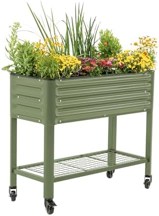 Vego garden Rolling Elevated Raised Garden Bed, 1.5' x 3.5' Outdoor Planters Boxes with Legs & Storage Rack for Patio, 500 Lbs Weight Capacity, Raised Beds for Gardening, Olive Green by Unknown