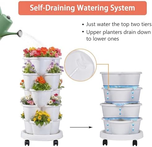 VECELO 5 Tier Vertical Garden Planter, Self Watering Stackable Planters with Wheels for Strawberries, Herbs, Flowers, Vegetables, White - Image 3