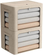 FHSQX 2 Pack Clear Window Storage Bins - Large Stackable Linen Fabric Storage for Clothes Foldable Container Organizer Set with Carrying Handles (Beige, 19.7x 15.7x 12.6 Inch) by FHSQX