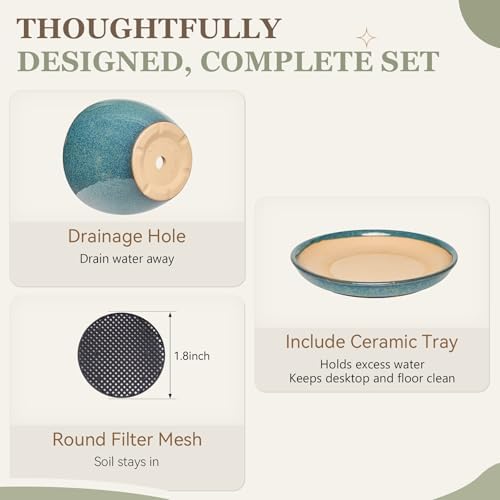 9.5 Inch Ceramic Plant Pot with Drainage Hole Mesh Net,Modern Gardening Pots for Indoor Plants with Saucer, Crackle Blue - Image 4