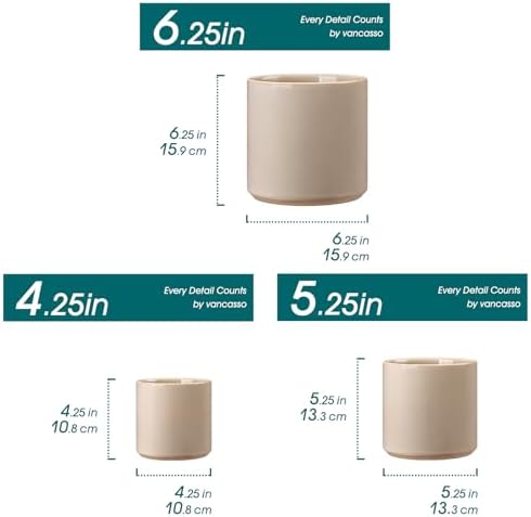 vancasso Ceramic Plant Pots, 4.25+5.25+6.25 Inch Planter Pot with Drainage Hole, Flower Pots for Indoor Outdoor Plants, Set of 3, Grey - Image 2