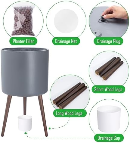 D'vine Dev 16 Inch Planter Pot with Wood Stand, Grey, 88-O-E-3 - Image 4