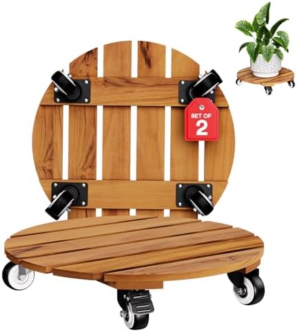 IDZO 2PCS Acacia Round Plant Caddy, 360° Lockable Wheels, Natural, 14-Inch by Idzo