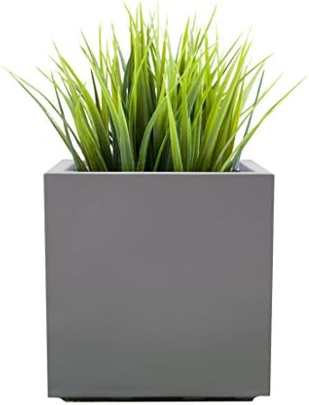 Modern Square Planter Outdoor, Indoor | Seeley Cube Box Pot 14" Inch Best Gray Plastic Fiberglass Resin Heavy-Duty Plants Contemporary Architectural Commercial Grade Garden, Patio Small Plant Bushes by NMNDesigns