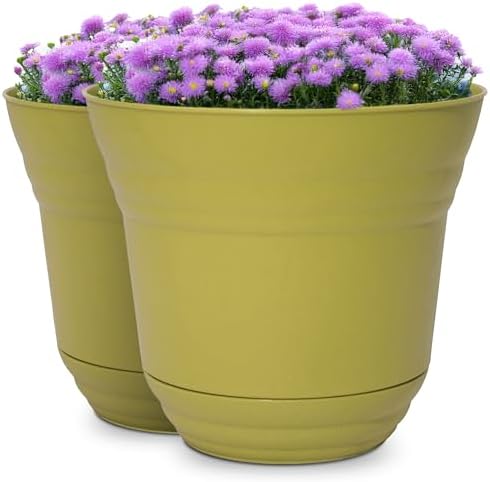 Headwind Traverse Planters – 14" 2 Pack Plastic Plant Pot in Meadow Green - Indoor & Outdoor Pots for Plants with Drainage - Decorative Plant Pot, Flower Pots Outdoor for Garden by Robert Allen by Headwind