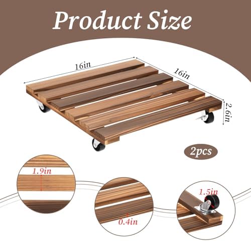 2 Pack 16 Inch Wooden Rolling Plant Stand with Lockable Wheels Heavy Duty Square Plant Dolly Pot Risers Roller Base for Indoor Outdoor Planters - Image 2