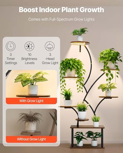 VEVOR Plant Stand Indoor with Grow Lights, 62 in Tall 8-Tier Lighted Plant Shelf, Metal Corner Plants Holder, 3 Timer & 10 Brightness, Tree-Shaped Flower Display Rack for Living Room Balcony Decor - Image 3