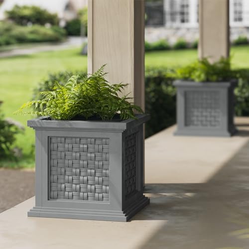 Rattan Style Outdoor Planter Box - 14.65-Inch-Square Decorative Flower or Plant Pot - Garden, Patio and Front Porch Decor by Pure Garden (Gray) - Image 6