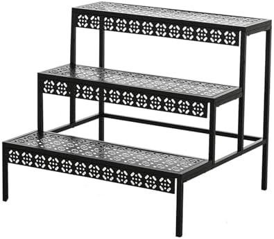 3 Tier Metal Plant Stand,Rectangle or Round Decorative Flower Step,Garden Shelf Flower Pot Holder Storage Organizer Rack for Indoor Outdoor Use by Qusimi