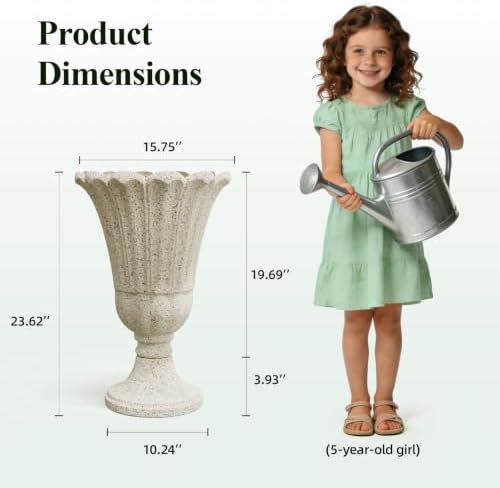 Tall Plastic Urn Planters and Pedestal - 24" Outdoor Planter Beige - Image 3