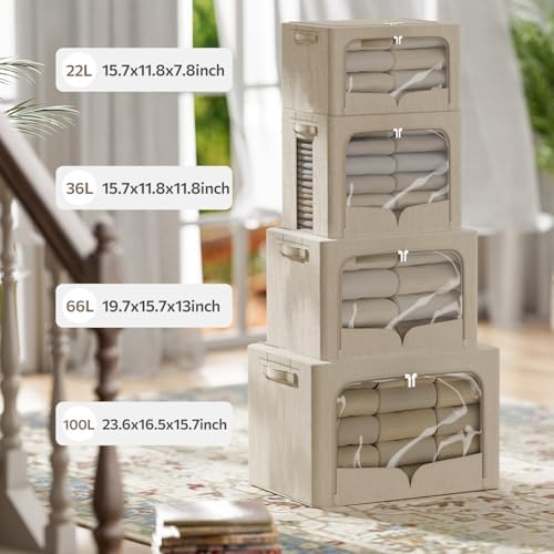FHSQX 3 Pack Clothes Storage Bins Foldable Metal Frame Storage Box Extra Large Stackable Linen Fabric Organizer Set with Carrying Handles and Clear Window (Beige, 23.6x16.5x15.7inch(100L)) - Image 3