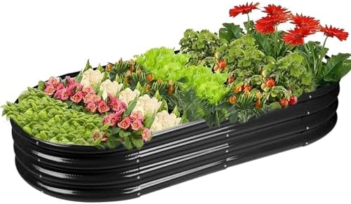 Rakukiri Raised Garden Bed GRS Certified Galvanized Planter Box Outdoor, 8ft Oval Rot-Resistant Metal Garden Bed Planter, Recycled Material Planter for Vegetables Flowers Herbs (Black) by RaisedGardenBed