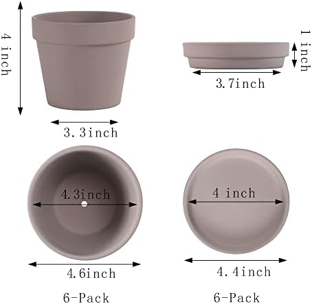 Yishang Terra Cotta Pots with Saucer/Ceramic Tray, 6-Pack Large Terracotta Pots 4.6'' Clay Ceramic Pottery Planter Cactus Flower Succulent Pot Drainage Hole - for Plants, Crafts (Grey) - Image 2