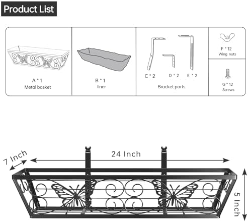 6 Pack 24 Inch Window Boxes Planters Railing Planter Box with Adjustable Brackets for Porch Fence Patio Balcony Hanging Flower Baskets with Woven Fabric for Outdoor Garden Decor - Black - Image 4