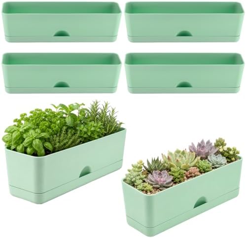 6 Pack Rectangle Planter 16x4.4 Inch Window Boxes Planters Rectangular Window Sill Planters Indoor Self Watering Plant Pots with Drainage Holes and Saucers Succulent Herb Flower Pots, Green by KvyusFlourish