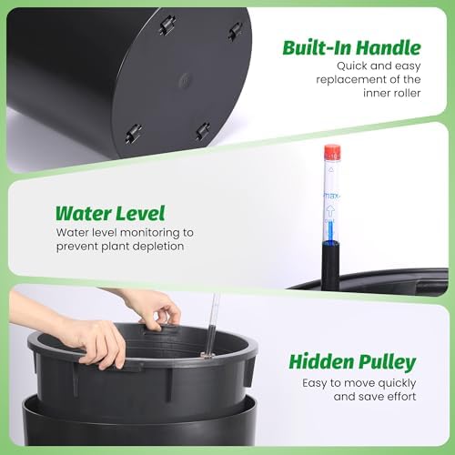 Takywep Set of 2 Large Round Planters – 19.5" Tall Self Watering Plant Pots with Drainage & Water Level Indicator, Indoor Outdoor Planters with Wheels-Black - Image 6