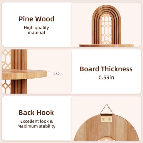 Boho Decorative Wooden Floating Wall Shelves Vintage Shelf with Oval Lattice Backplate Mid Century Modern Wall Mounted Shelves for Home Bathroom Bedroom Living Room Office Storage and Display（2-pack） - Image 4