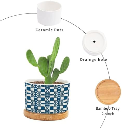 Blue Geometric Ceramic Planters Blue and White Snake Plant Live Indoor with Pot with Drainage Holes and Saucers Pot for Pots Outdoor Indoor Plants - Image 3