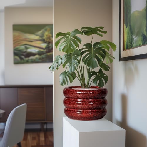 SQOWL 10 Inch Plant Pots - Ceramic Planter for Indoor Plants, Ceramic Plant Pot with Drainage Hole, Bubble Round Flower Pots Outdoor, Home Office Living Room Decor, Gifts for Plant Lover, Red - Image 5