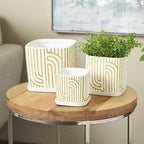 Deco 79 Ceramic Indoor Outdoor Planter Small Planter Pot with Overlapping Green Arches and Attached Saucer, Set of 3 Planters 7',6',5'H, White - Image 2
