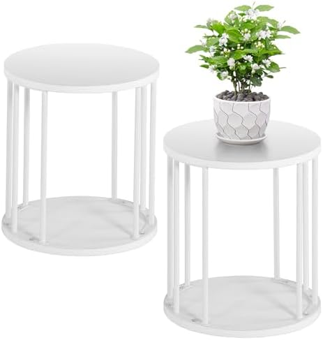 Plant Stand Indoor,small plant stool,Flower Pot Corner stand holder,Mid Century Heavy Duty Metal Tall Home Decor,Modern Round End Table,Small Rustic Display Stand for Living Room,Bedroom(White,2 Packs) by Leinade