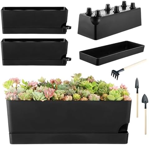 Self Watering Pots for Indoor Plants 17 Inches Window Boxes Planters Rectangular Flower Pots Rectangle Herb Pots Large Plant Pots with Drainage Holes and Saucers Windowsill Planter (4, Black) by KvyusFlourish