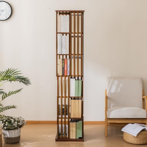 SOBIBO Bamboo Rotating Bookshelf Tower, 360° Spinning Bookcase, 6-Tier Narrow Floor Standing Storage Rack for Corner, Office, Room (Walnut) - Image 2