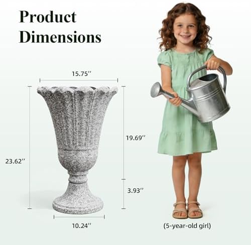 Tall Plastic Urn Planters and Pedestal - 24" Outdoor Planter Grey - Image 3