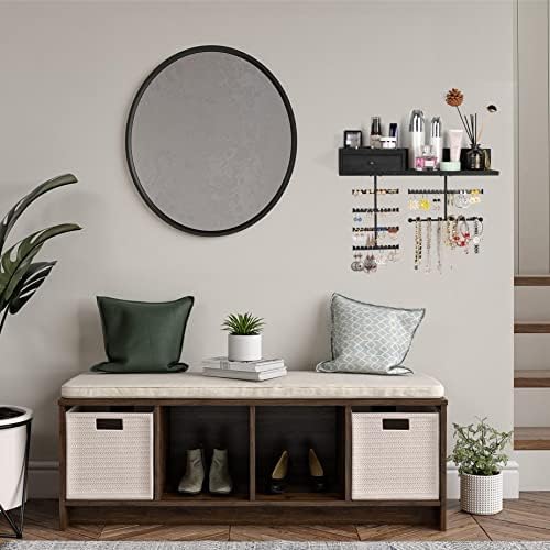 VINAEMO Jewelry Organizer Hanging Wall Mounted Jewelry Holder with Rustic Wood Drawer & Large Capacity Storage Shelf Rack Display for Earrings Rings Necklaces Bracelet(Black) - Image 2