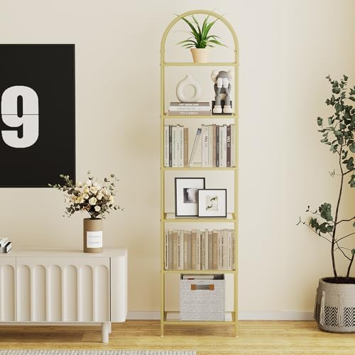 Homhedy 6-Tier Tall Gold Bookshelf, Arched Bookcase with Glass Shelves - Image 3