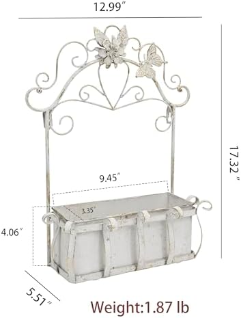 Rustic Metal Wall Planter Vintage Wall Mounted Flower Pot Farmhouse Distressed Wall Hanging Plant Basket with Floral & Butterfly Decor for Indoor Outdoor Garden Home Yard (White#2) - Image 2