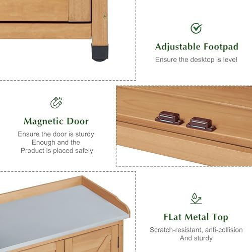 Outdoor Storage Cabinet & Potting Bench Table with Metal Top, Wooden Patio Furniture, Garden Workstation (Light Brwon, 39x31.5x17in) - Image 6