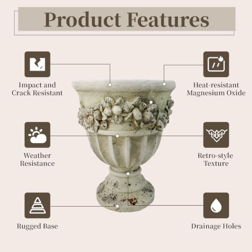 16.33" Tall Rustic Urn Planter, 12.99" W x 12.99" D Magnesium Oxide Outdoor Pedestal Planter with Drainage Hole, Rust Finish Garden Urn for Patio, Porch and Entryway Decor - Image 5