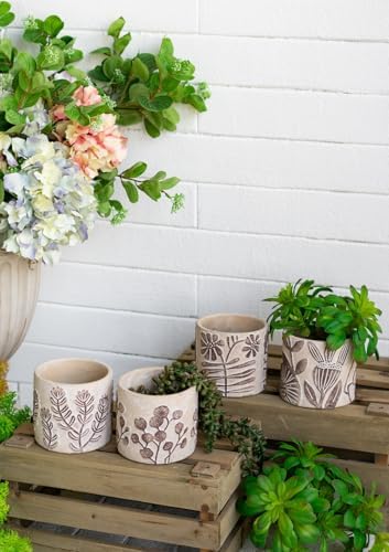 Set of 4 Botanical Cement Planters, 4.3 Inch, Gray and Brown by Noeko