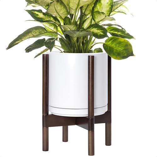 D'vine Dev Ceramic Pot with Walnut Wood Stand, White, 10 in, 55-B-X-1 by DvineDevPlanterPotsandStand