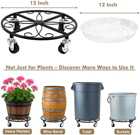 4 Pack Plant Caddy with Wheels 12 Inch Rolling Plant Stand for Large Plants Heavy Duty Plant Rollers Metal Plant Dolly Rustproof Planter Stand Wrought Iron Plant Stands Flower Cart Indoor Outdoor - Image 3