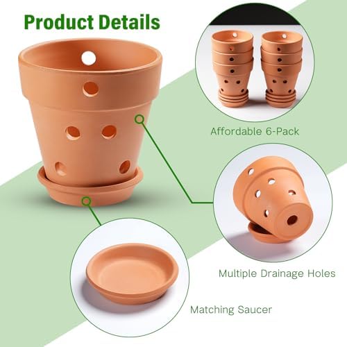 4 Inch Terracotta Orchid Pots with Holes and Saucers Set of 6 - Image 4